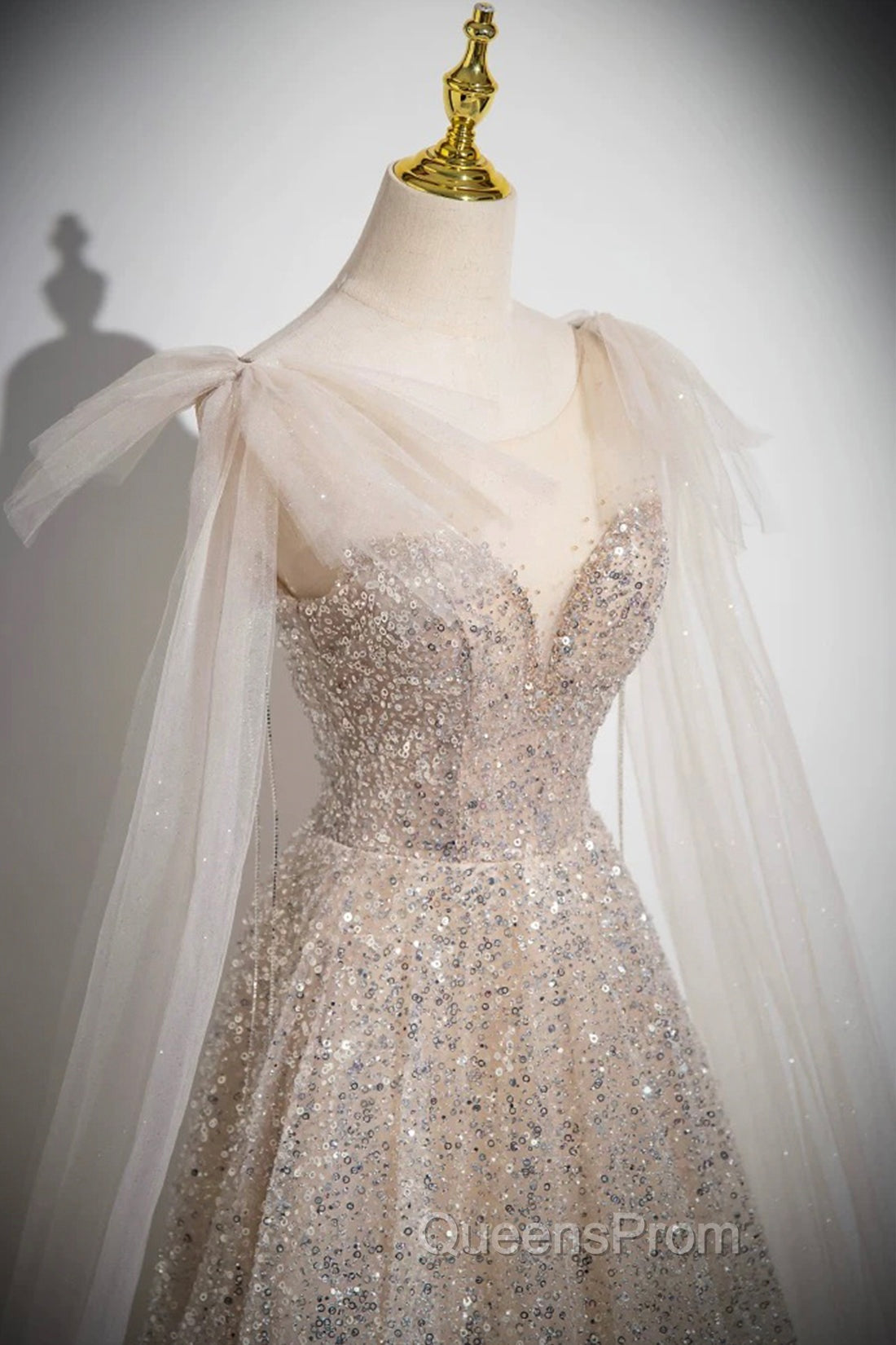 Champagne Tulle Sequins Long Evening Prom Dress, Shiny A-Line Party Dress