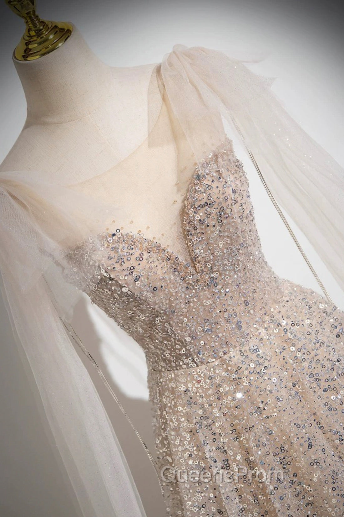 Champagne Tulle Sequins Long Evening Prom Dress, Shiny A-Line Party Dress