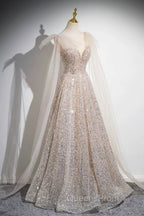 Champagne Tulle Sequins Long Evening Prom Dress, Shiny A-Line Party Dress