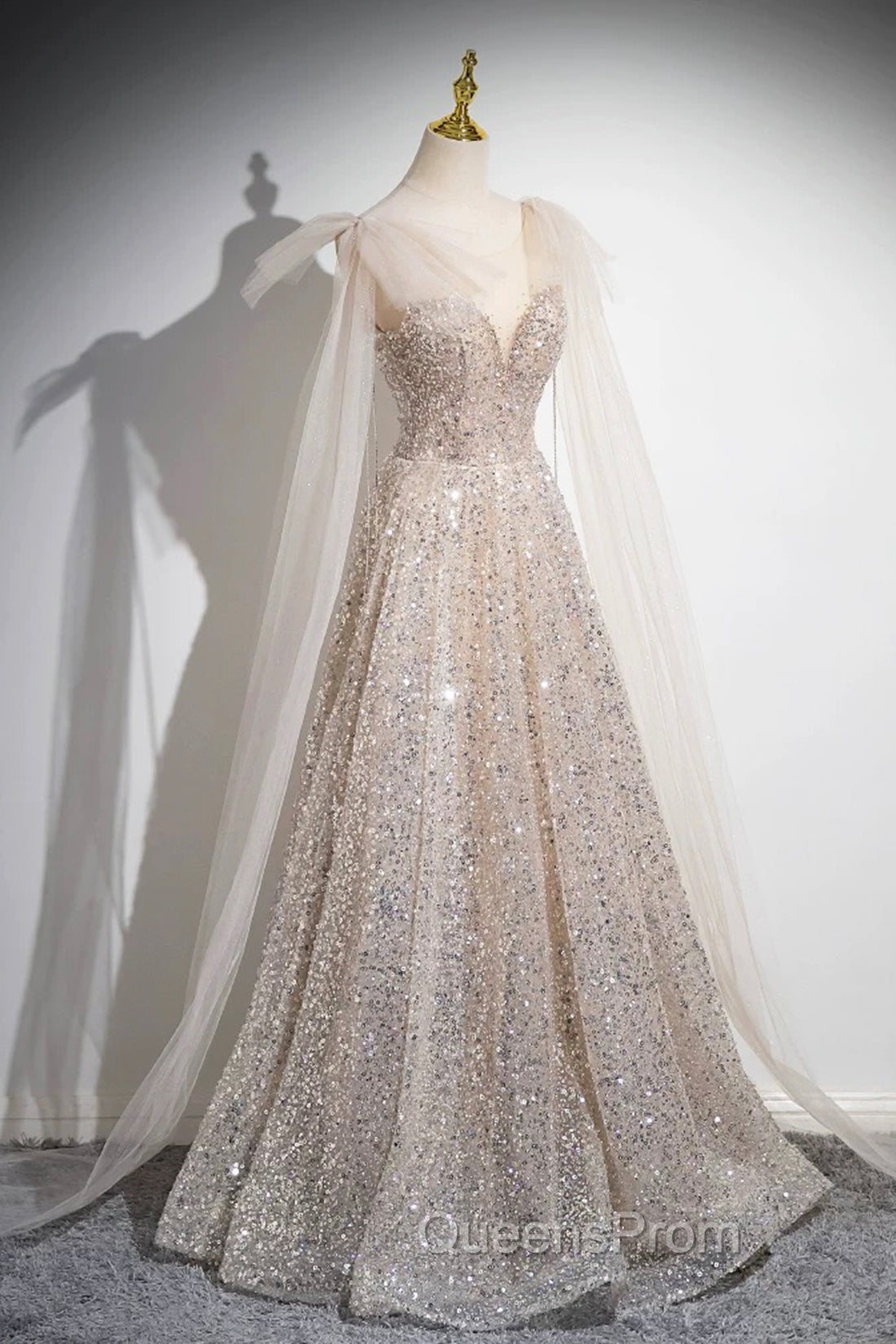 Champagne Tulle Sequins Long Evening Prom Dress, Shiny A-Line Party Dress
