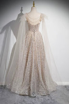 Champagne Tulle Sequins Long Evening Prom Dress, Shiny A-Line Party Dress