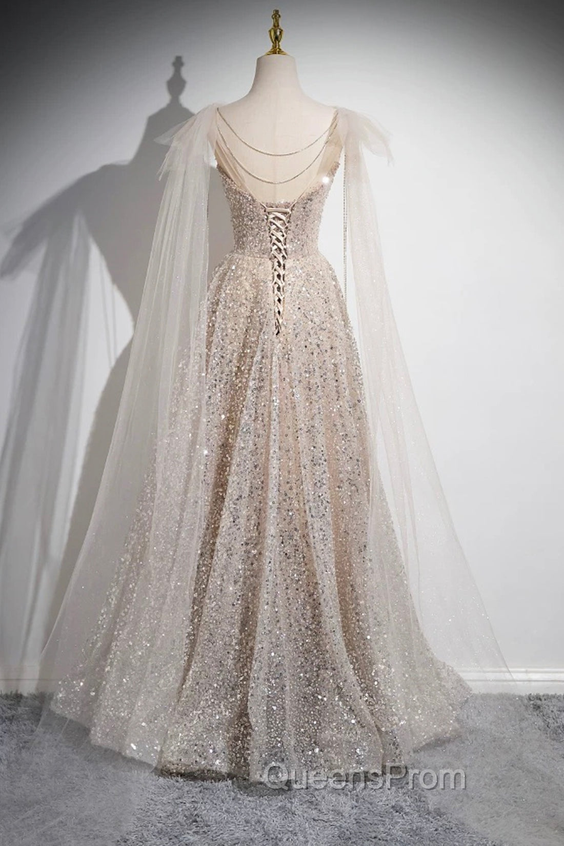 Champagne Tulle Sequins Long Evening Prom Dress, Shiny A-Line Party Dress