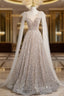 Champagne Tulle Sequins Long Evening Prom Dress, Shiny A-Line Party Dress