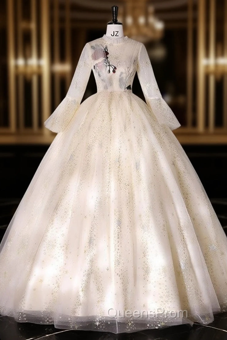 Champagne Tulle Sequins Long Sleeve Embroidery Quinceanera Dress