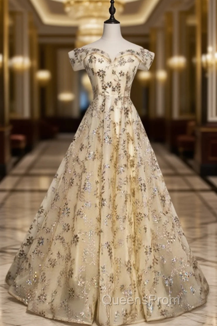 Champagne Tulle Sequins Off the Shoulder Long Evening Prom Dress