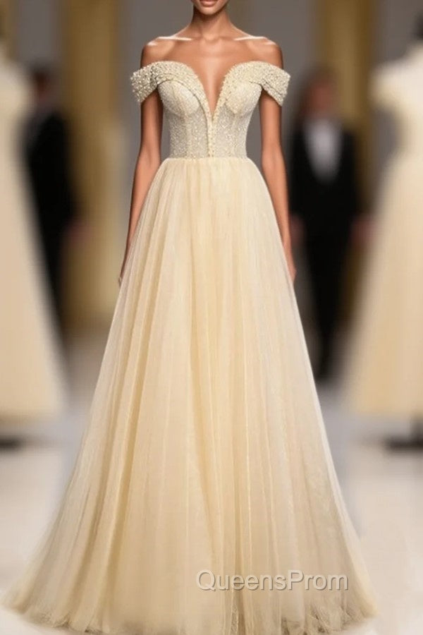 Champagne Tulle Sequins Off the Shoulder Pearls Evening Prom Dress