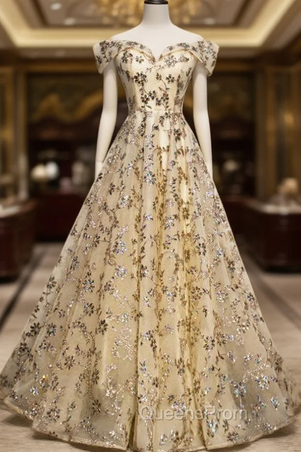 Champagne Tulle Sequins Off the Shoulder Evening Prom Dress