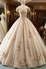 Champagne Tulle Sequins Off The Shoulder With Long Train Wedding Dress