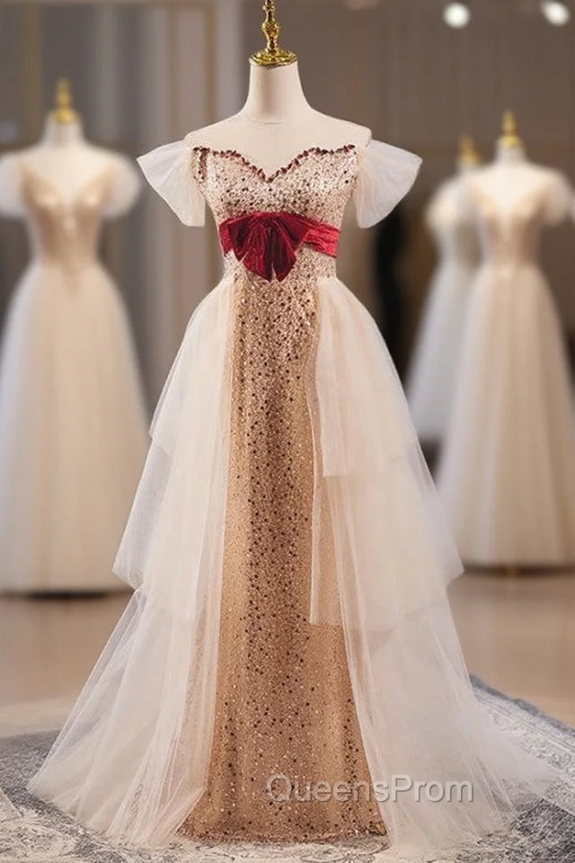 Champagne Tulle Sequins Pearls Evening Prom Dress