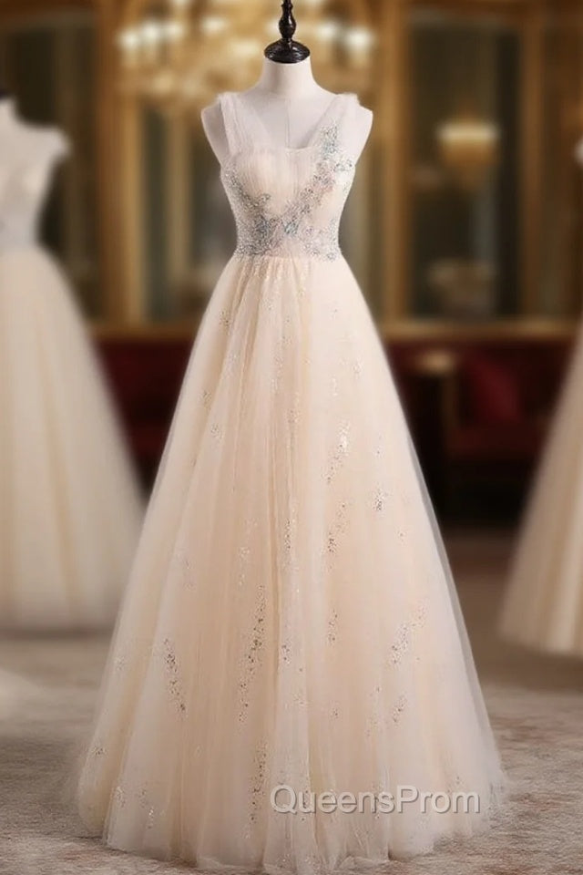 Champagne Tulle Sequins Pleats Beading Evening Prom Dress