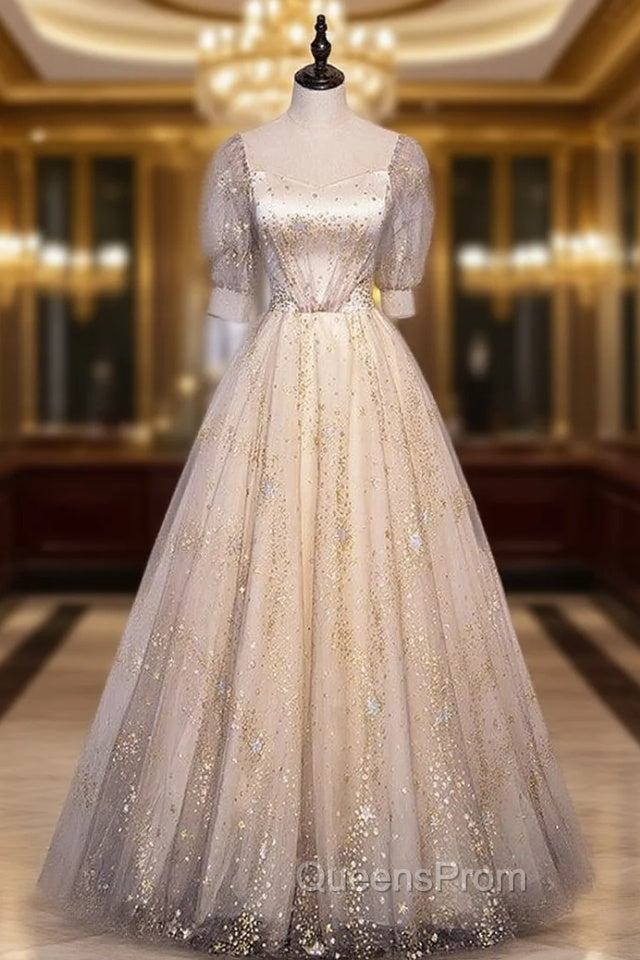 Champagne Tulle Sequins Pleats Short Sleeve Evening Prom Dress