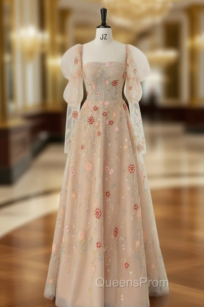 Champagne Tulle Sequins Evening Prom Dress With Detachable Long Sleeve