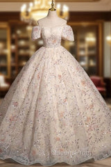 Champagne Tulle Sequins Puff Sleeve Pleats Quinceanera Dress
