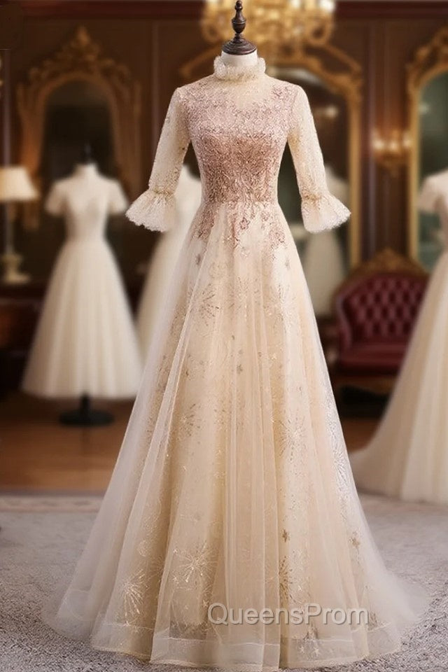 Champagne Tulle Sequins Short Sleeve Beading Evening Prom Dress