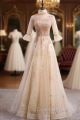 Champagne Tulle Sequins Short Sleeve Beading Evening Prom Dress