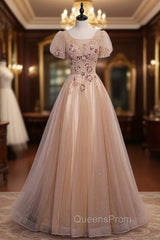 Champagne Tulle Sequins Short Sleeve Beading Sequins Evening Prom Dress