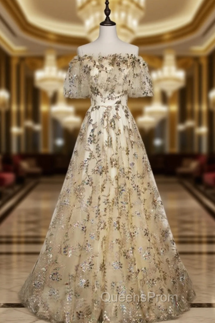 Champagne Tulle Sequins Short Sleeve Evening Prom Dress