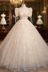 Champagne Tulle Sequins Short Sleeve Quinceanera Dress