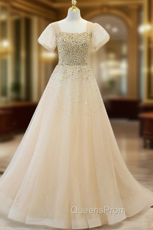 Champagne Tulle Sequins Square Short Sleeve Evening Prom Dress Main image