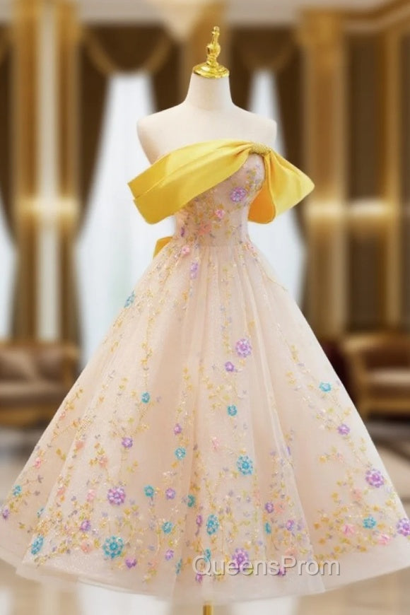 Champagne Tulle Sequins Strapless Tea Length Evening Prom Dress