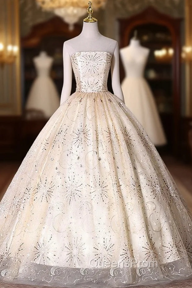 Champagne Tulle Sequins Straps Quinceanera Dress