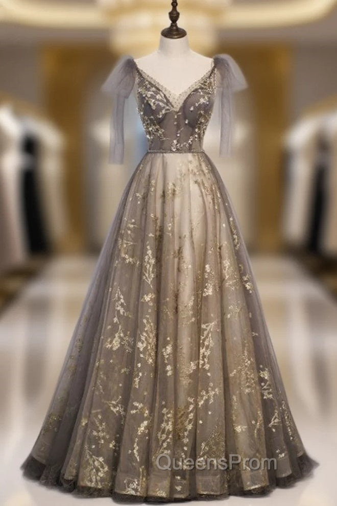 Champagne Tulle Sequins V-neck Beading Evening Prom Dress