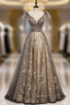 Champagne Tulle Sequins V-neck Beading Evening Prom Dress