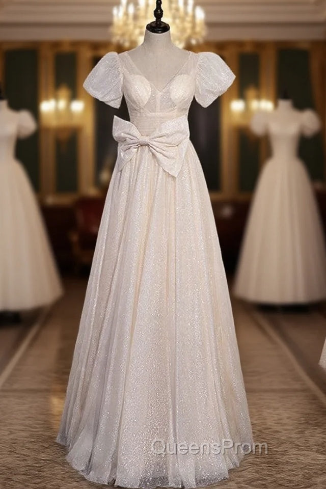 Champagne Tulle Sequins V-neck Bow Evening Prom Dress Main image