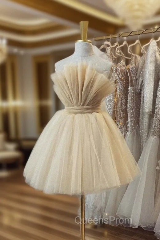 Champagne Tulle Short A-Line Evening Prom Dress, Lovely Strapless Party Dress Main image