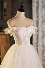 Champagne Tulle Short A-Line Evening Prom Dress, Off the Shoulder Evening Party Dress