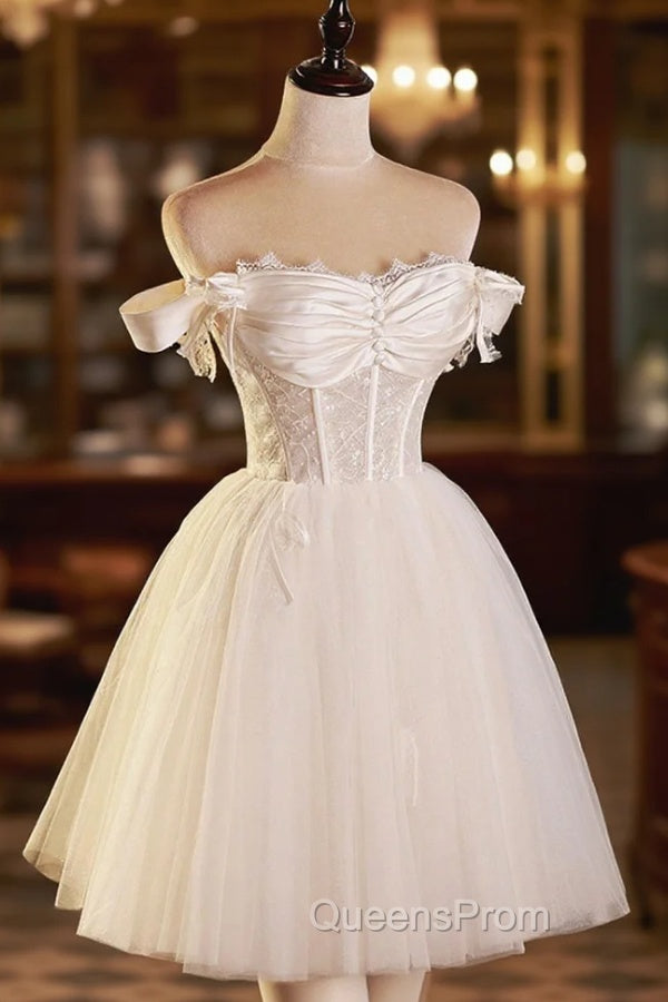 Champagne Tulle Short A-Line Evening Prom Dress, Off the Shoulder Evening Party Dress