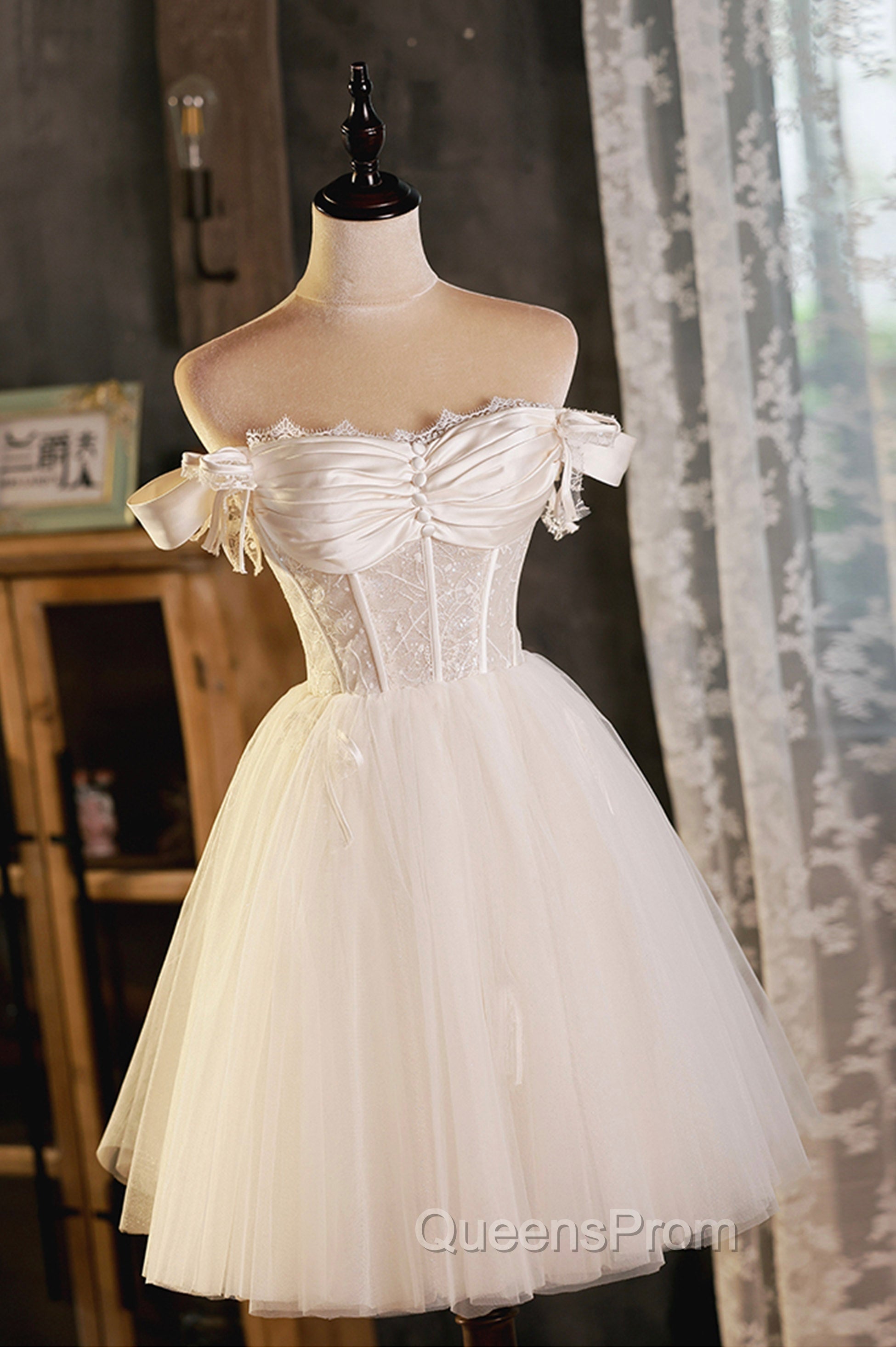 Champagne Tulle Short A-Line Evening Prom Dress, Off the Shoulder Evening Party Dress