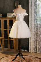 Champagne Tulle Short A-Line Evening Prom Dress, Off the Shoulder Evening Party Dress