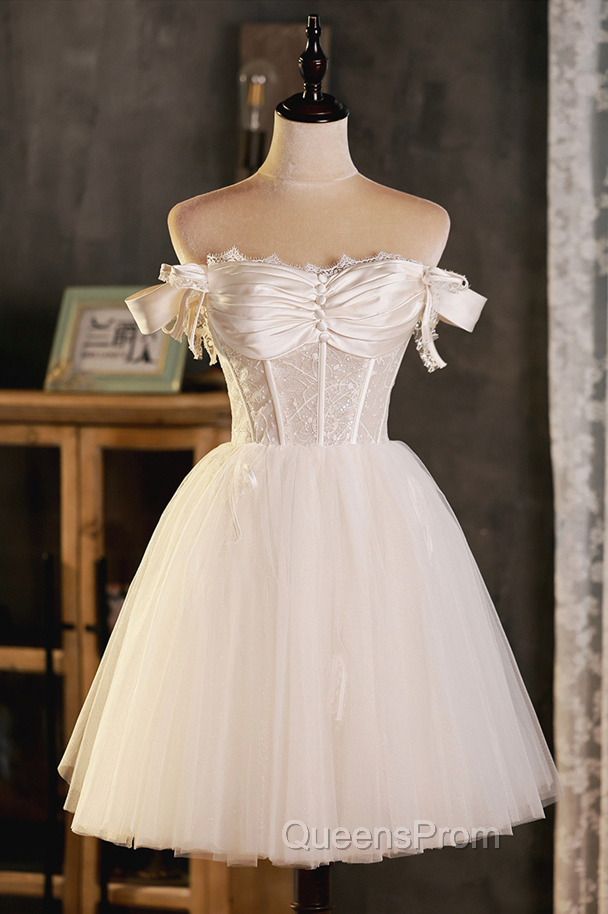 Champagne Tulle Short A-Line Evening Prom Dress, Off the Shoulder Evening Party Dress Main image