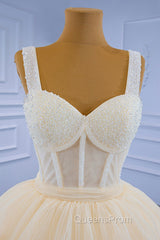 Champagne Tulle Short Evening Prom Dress with Beaded, A-Line Tea Length Party Dress