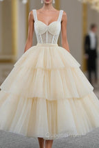 Champagne Tulle Short Evening Prom Dress with Beaded, A-Line Tea Length Party Dress