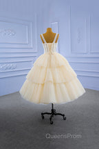 Champagne Tulle Short Evening Prom Dress with Beaded, A-Line Tea Length Party Dress