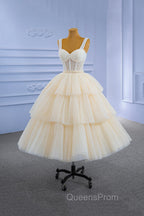 Champagne Tulle Short Evening Prom Dress with Beaded, A-Line Tea Length Party Dress