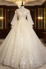 Champagne Tulle Short Sleeve Appliques Quinceanera Dress