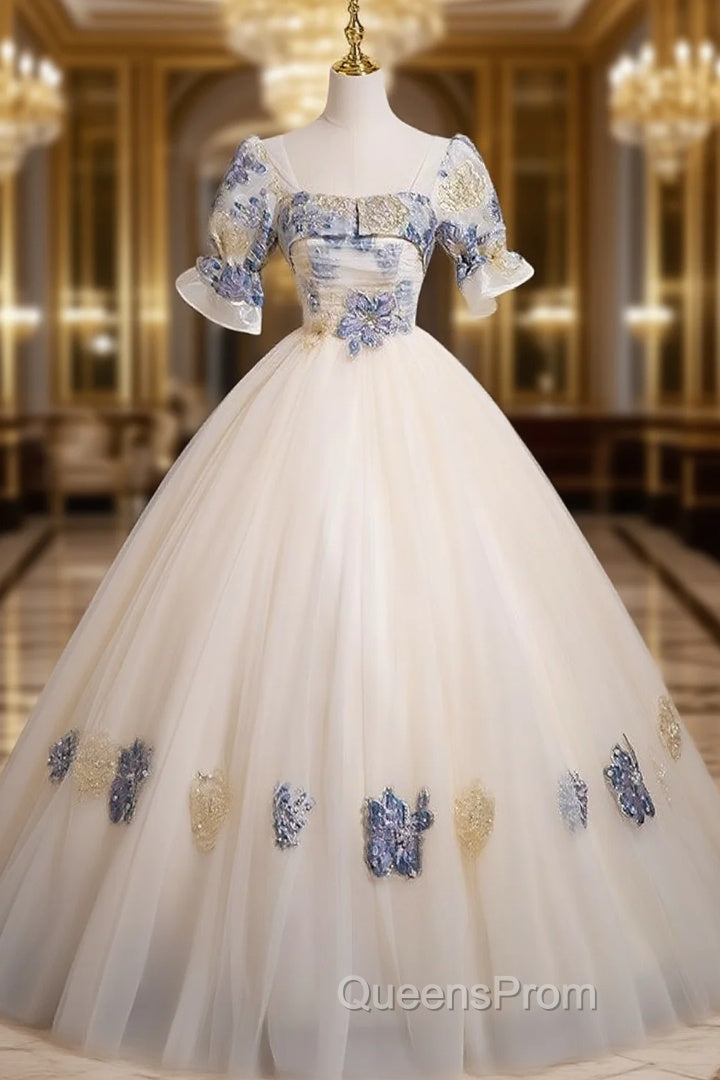Champagne Tulle Short Sleeve Flower Quinceanera Dress Main image