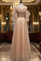 Champagne Tulle Short Sleeve Pearls Evening Prom Dress