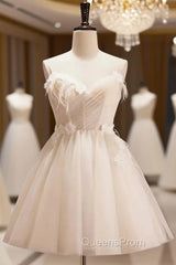 Champagne Tulle Spaghetti Straps Appliques Homecoming Dress