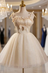 Champagne Tulle Spaghetti Straps Bow Homecoming Dress