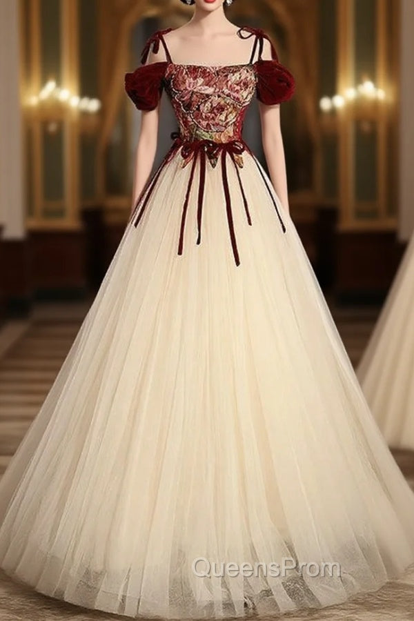 Champagne Tulle Spaghetti Straps Evening Prom Dress