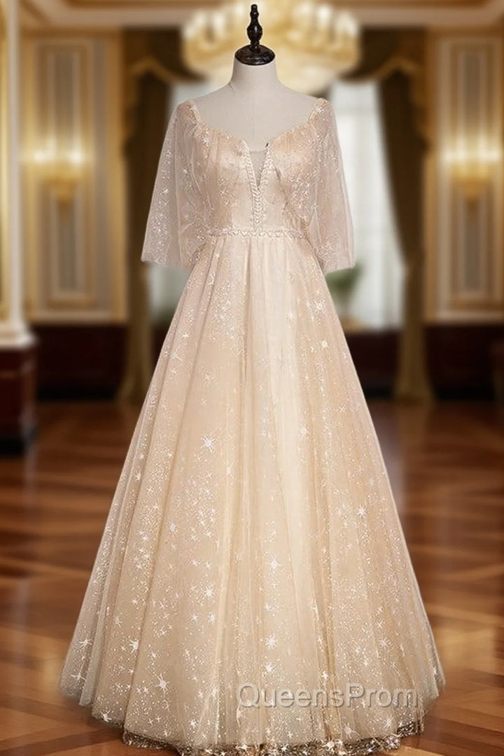 Champagne Tulle Square Beading Evening Prom Dress