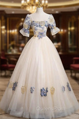 Champagne Tulle Square Neck Short Sleeve Quinceanera Dress