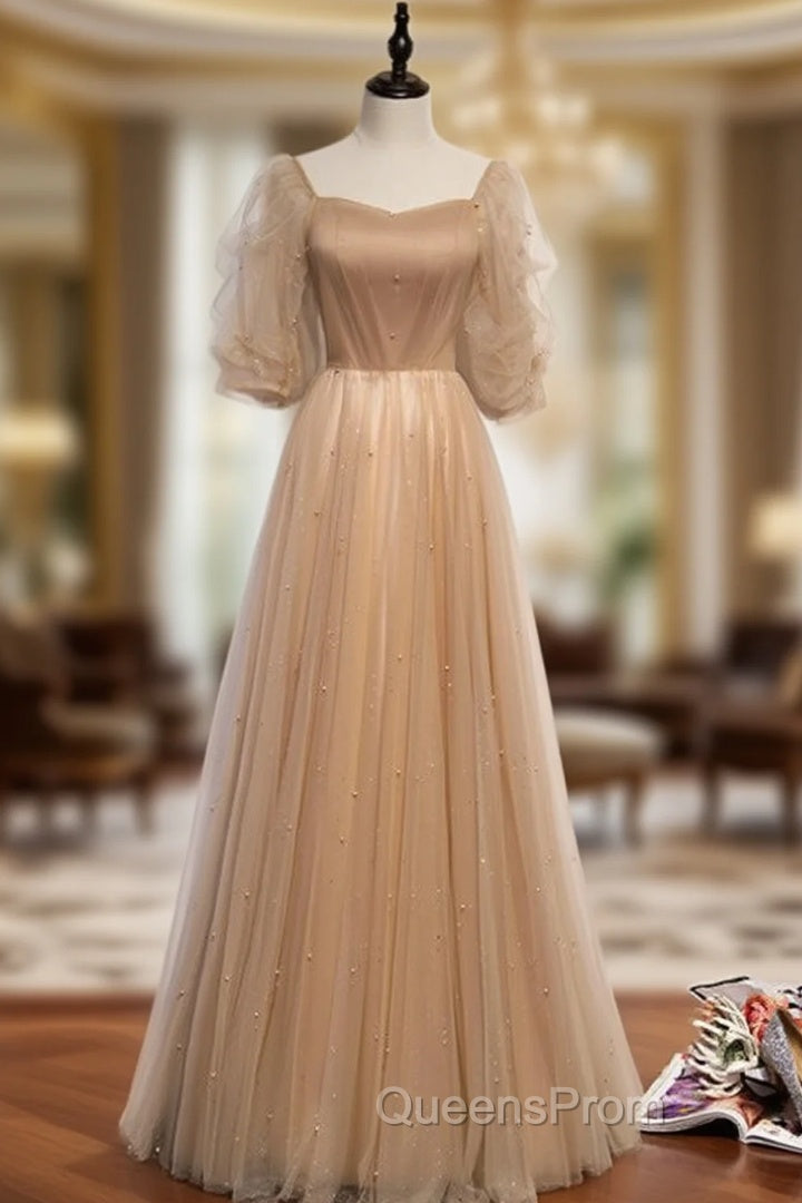 Champagne Tulle Square Puff Sleeve Pearls Evening Prom Dress