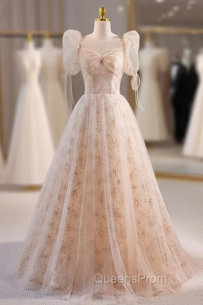 Champagne Tulle Square Puff Sleeve Evening Prom Dress