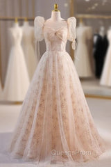 Champagne Tulle Square Puff Sleeve Evening Prom Dress