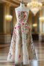Champagne Tulle Strapless Embroidery Flower Evening Prom Dress